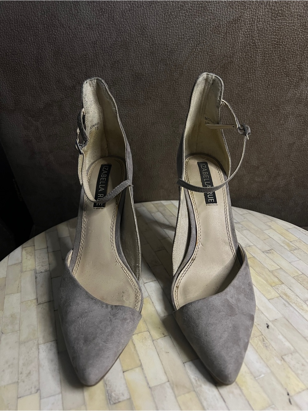 Izabella Rue Gray Suede Pointed-Toe Ankle-Strap Heels - Picture 2 of 7